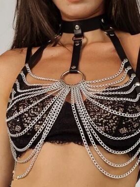 Chain Mail Black Faux Leather Harness Top Silver Chains ONE SIZE